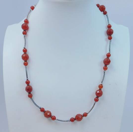 Artisan 925 Carnelian Ball & Bar Beaded Necklace Swirled Drop Threader Earrings & Chunky Dome Band Ring 35.1g image number 2