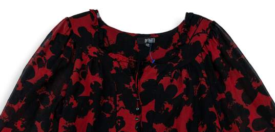 Womens Red Black Floral 3/4 Sleeve Tie Neck Pullover Blouse Top Size 1X image number 3