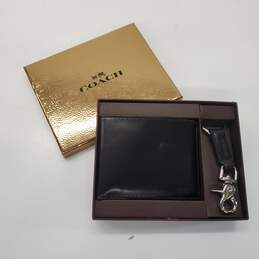 Coach Men's Bifold Black Leather Wallet & Keychain Gift Set