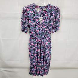 Vintage 80s Karin Stevens Petites Women's Purple & Pink Floral Print Midi Dress Size 8