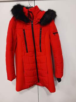 Michael Kors Red Full Zip Faux Fur Lined Hooded Puffer Jacker Size Large
