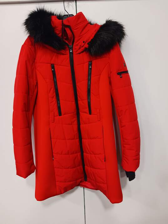 Michael Kors Red Full Zip Faux Fur Lined Hooded Puffer Jacker Size Large image number 1