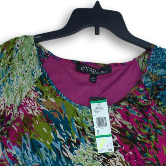 NWT Kasper Womens Multicolor Abstract Cap Sleeve Round Neck Blouse Top Size L image number 3