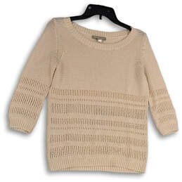 Womens Beige 3/4 Sleeve Round Neck Knitted Pullover Sweater Size Small