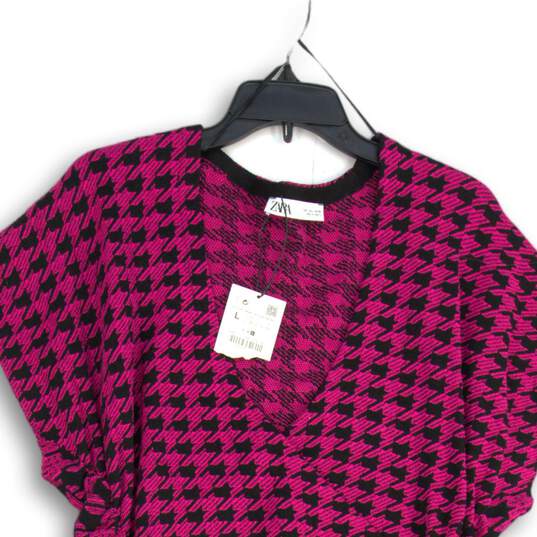 NWT Zara Womens Pink Black Houndstooth Ruched Surplice Neck Sweater Dress Size L image number 3
