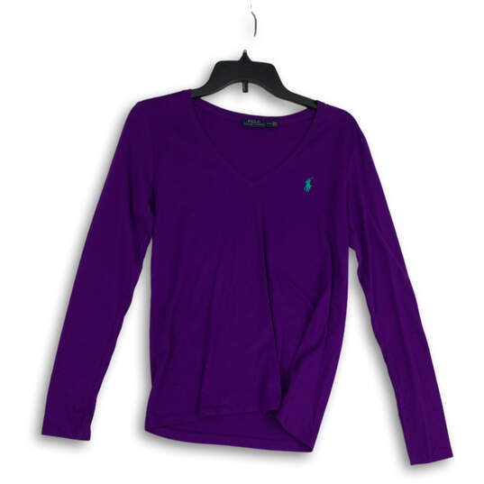 Womens Purple V-Neck Long Sleeve Pullover T-Shirt Size Medium image number 1
