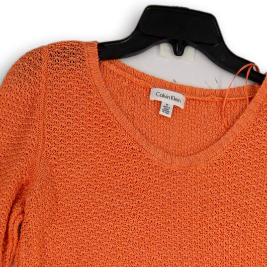 Womens Orange 3/4 Sleeve Round Neck Knitted Pullover Sweater Size Medium image number 3