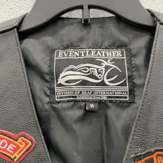 Mens Black Leather Patches Sleeveless Pockets Button Front Biker Vest Sz M image number 3