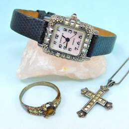 Judith Jack & Romantic 925 Marcasite Cross Pendant Necklace Orange Glass Band Ring & MOP Dial Black Lizard Strap Watch 20g