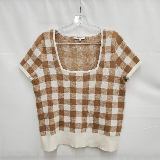 Madewell WM's Crop Square Neck Tan & White Checker Blouse Top Size XL image number 1