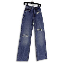 NWT Womens Blue 5-Pocket Design Denim Distressed Wide Leg Jeans Size 0