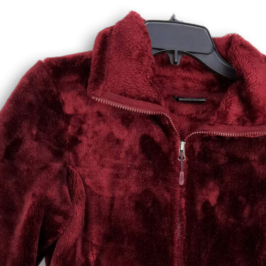 Womens Maroon Collared Pockets Full-Zip Winter Fleece Jacket Size Small image number 3