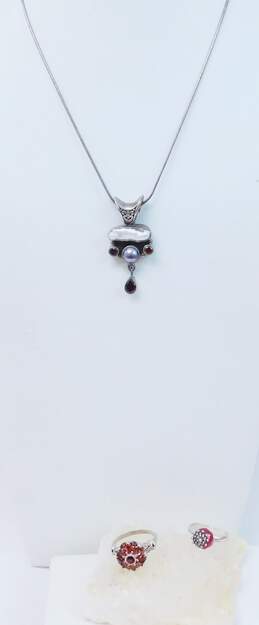 Artisan 925 Baroque & Dark Purple Pearls & Garnet Scrolled Pendant Necklace & Cherry Quartz Granulated Bead & Faceted Garnet Rings 21.4g