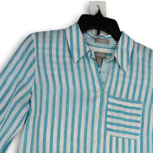 Womens Blue White Striped 3/4 Sleeve Hi-Low Hem Button-Up Shirt Size 0 image number 3