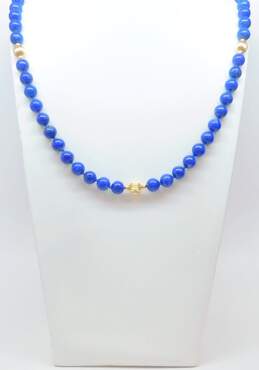 Vintage 14K Yellow Ridged Gold Lapis Bead Hand Knotted Endless Necklace 103.1g