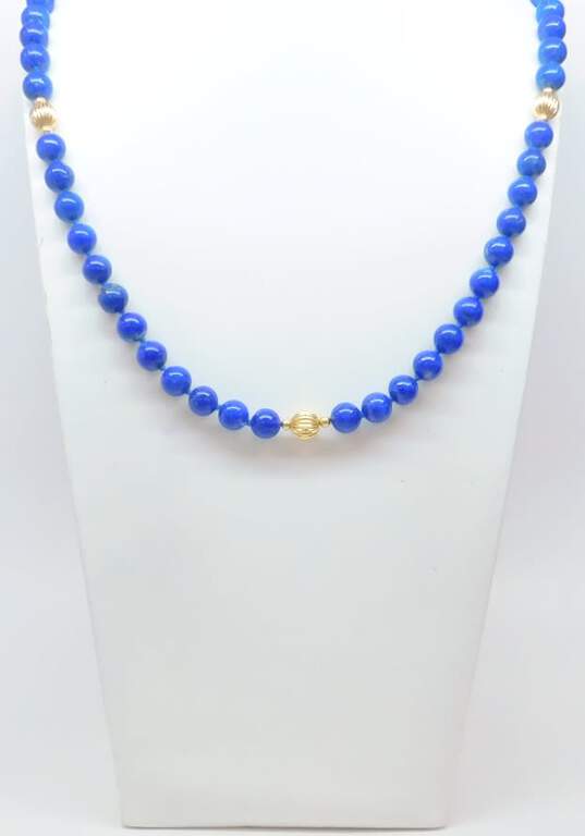 Vintage 14K Yellow Ridged Gold Lapis Bead Hand Knotted Endless Necklace 103.1g image number 1