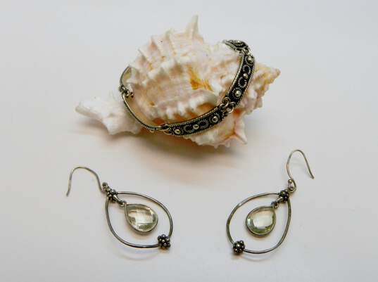 Artisan 925 Faceted Prehnite Granulated Teardrops Drop Earrings & Bali Style Coiled Panels Linked Bracelet 25.4g image number 1