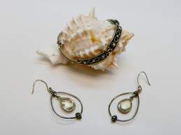 Artisan 925 Faceted Prehnite Granulated Teardrops Drop Earrings & Bali Style Coiled Panels Linked Bracelet 25.4g