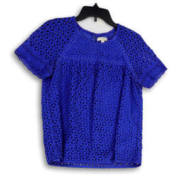 Womens Blue Eyelet Short Sleeve Round Neck Pullover Blouse Top Size 8
