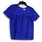 Womens Blue Eyelet Short Sleeve Round Neck Pullover Blouse Top Size 8 image number 1