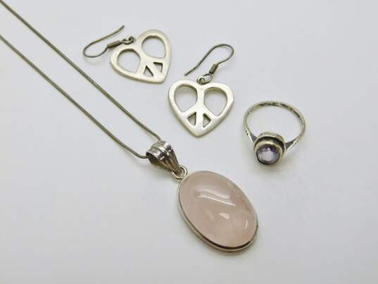 Ethereal 925 Rose Quartz Cabochon Oval Pendant Necklace Heart Peace Sign Drop Earrings & Faceted Amethyst Ring 26.5g image number 1