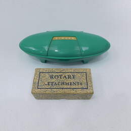 Vintage Singer Buttonholder in Green Clamshell & Rotary Attachments