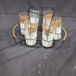 Set of 7 Gold Tone & White Tumbler Glasses with Metal Glass Holder