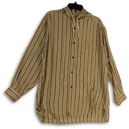Mens Brown Striped Long Sleeve Pockets Hooded Button-Up Shirt Size Small