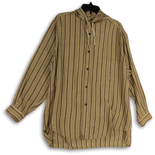 Mens Brown Striped Long Sleeve Pockets Hooded Button-Up Shirt Size Small image number 1