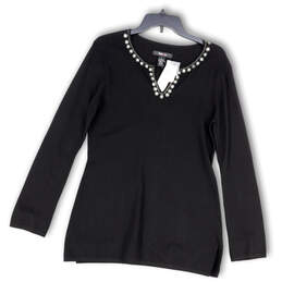NWT Womens Black Embellished Long Sleeve Side Slit Tunic Sweater Size M