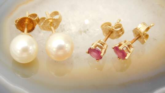 14K Yellow Gold Ruby & White Pearl Post Earrings Variety 2.0g image number 7