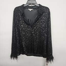 Black Sequin Button Up Collared Fringe Blouse