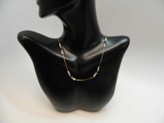 14K Yellow Gold Lapis & Rice Pearl Station Necklace 2.2g image number 1