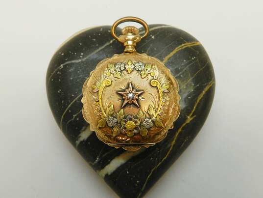 Antique 1897 Elgin 14K Tri Color Gold 0.06CT Diamond 15 Jewels Pocket Watch 41.8g image number 1