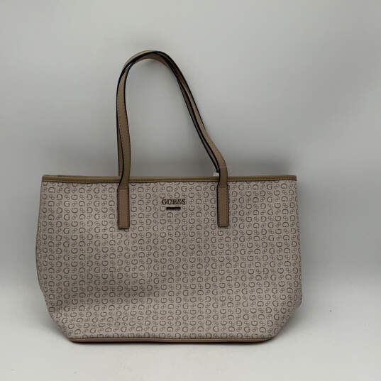 Womens Beige Leather Signature Print Double Strap Fashionable Tote Bag image number 1