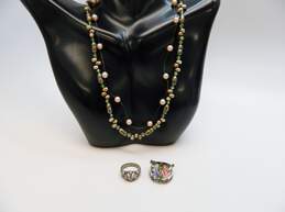Romantic 925 Dark Pearls & Green Crystal & Pink Pearls Beaded Necklaces & Espo Floral Enamel & Scrolled Cross Rings 27.4g