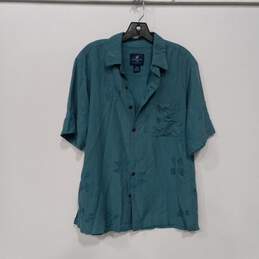 Mens Green Silk Floral Short Sleeve Collar Hawaiian Button-Up Shirt Size M
