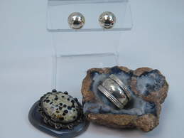 Sterling Silver Dalmatian Jasper Pendant Tapered Cigar Ring & Ball Stud Earrings 18.7g