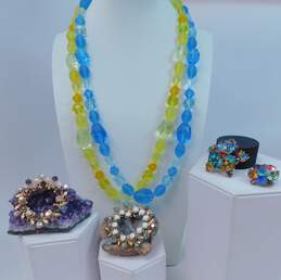 Vintage Blue Yellow Beaded Necklaces & Colorful Icy Rhinestone Variety Brooches 134.9g