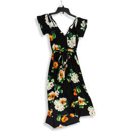Womens Black Floral Cap Sleeve Back Zip Knee Length Fit & Flare Dress Size 2 alternative image