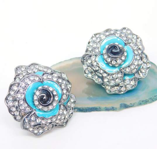 Joan Boyce Gunmetal Tone Teal Enamel Crystal Pave Flower Clip Earrings 37.7g image number 1