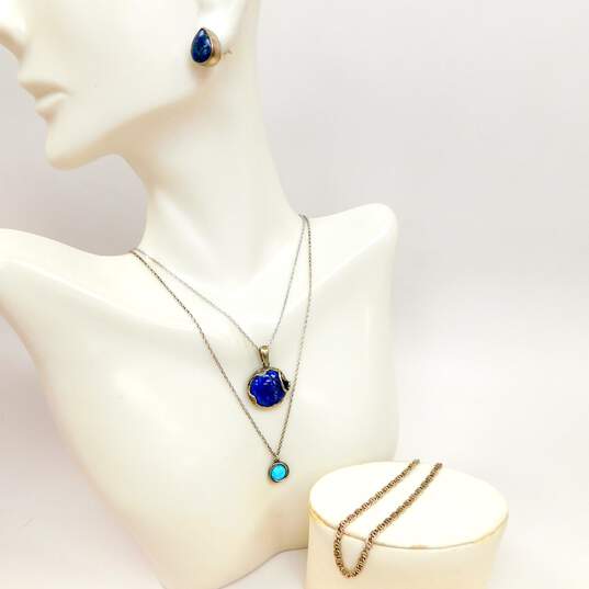 Artisan 925 Lapis Lazuli & Blue Opal Circle Pendant Necklaces Chrysocolla Teardrop Post Earrings & Unique Chain Bracelet 11.7g image number 1
