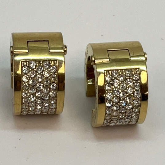 Designer Michael Kors Gold-Tone Crystal Clear Rhinestone Huggie Earrings image number 3