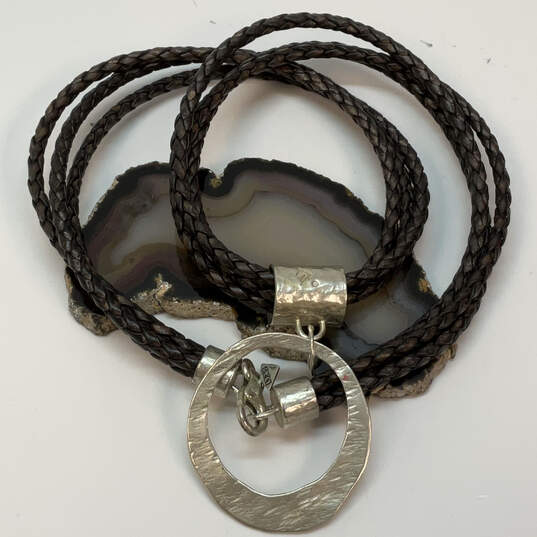 Designer Silpada 925 Sterling Silver Leather Cord Hammered Pendant Necklace image number 1