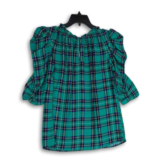 NWT Womens Green Blue Plaid 3/4 Sleeve Back Keyhole Blouse Top Size S image number 2