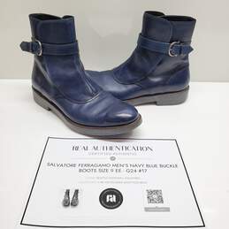Authenticated Salvatore Ferragamo Navy Blue Buckle Boots Men's Size 9