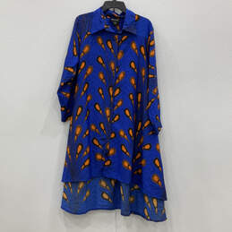 Womens Blue Ankara Print Collared Button Front Shirt Dress Size 1X