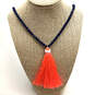 Designer J.Crew Gold-Tone Blue Beads Orange Lobster Clasp Tassel Necklace image number 1