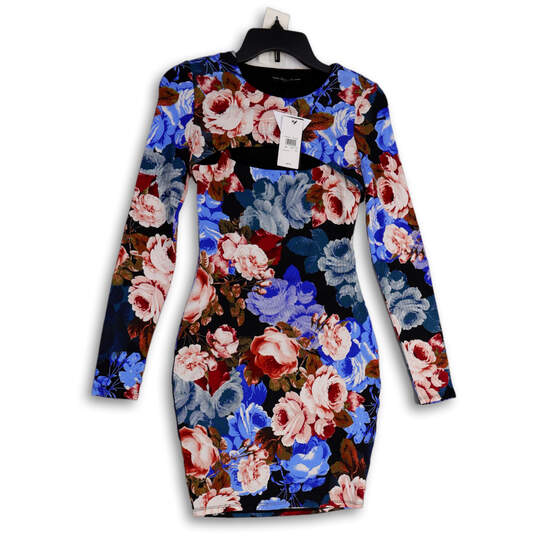 NWT Womens Blue Red Floral Round Neck Long Sleeve Bodycon Dress Size XS image number 1