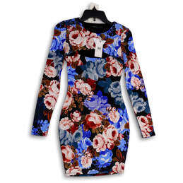 NWT Womens Blue Red Floral Round Neck Long Sleeve Bodycon Dress Size XS